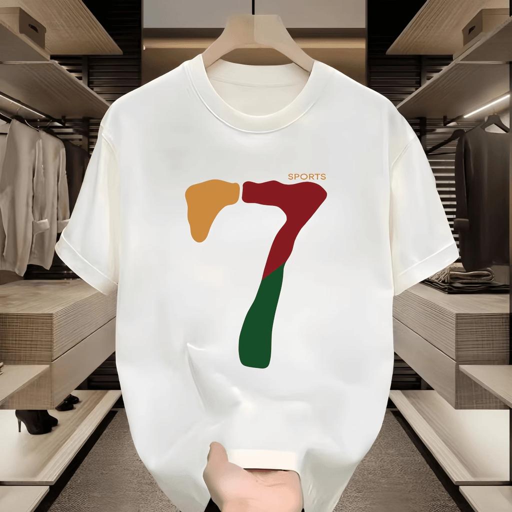 Women Men Letters 7 Cotton T Shirt Round Neck Short Sleeve Print Casual T-shirts