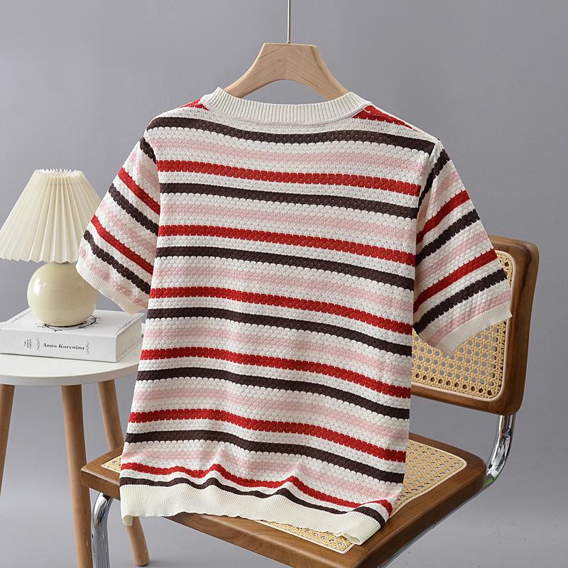 Summer Outfit Pullover Round Neck Striped Ice Silk Half Sleeved Plus Size Women's T-shirt
