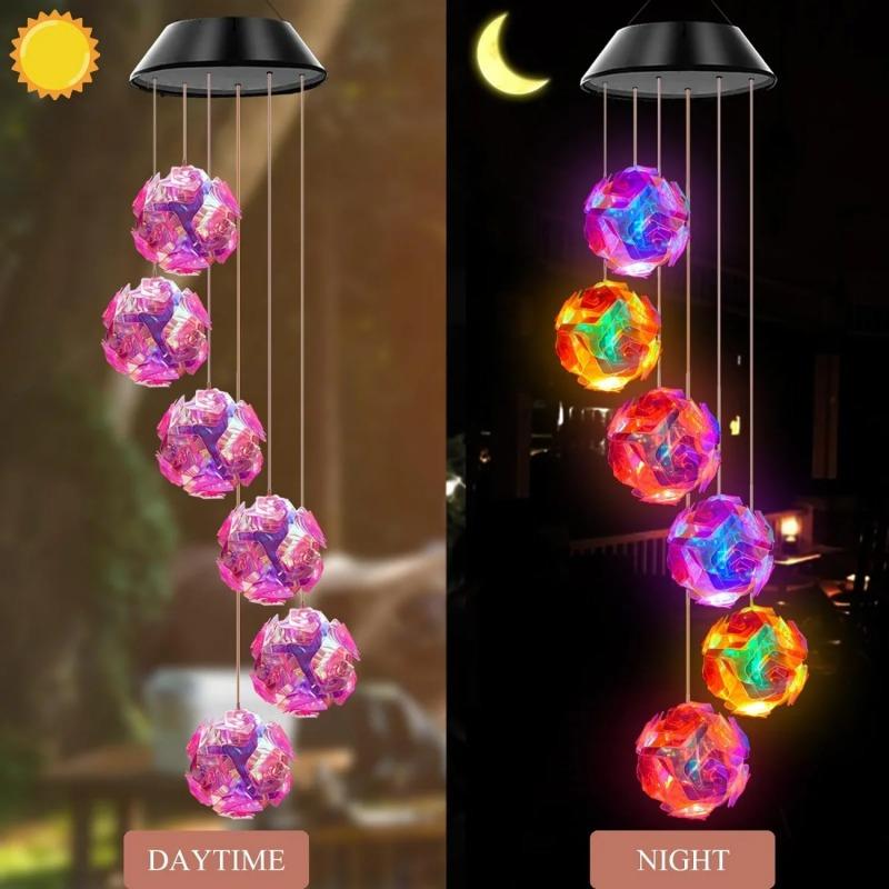 New Solar Powered Color Changing Pink Embroidered Ball Flower Wind Chime Light Waterproof Outdoor Night Light Hanging Solar Lamp