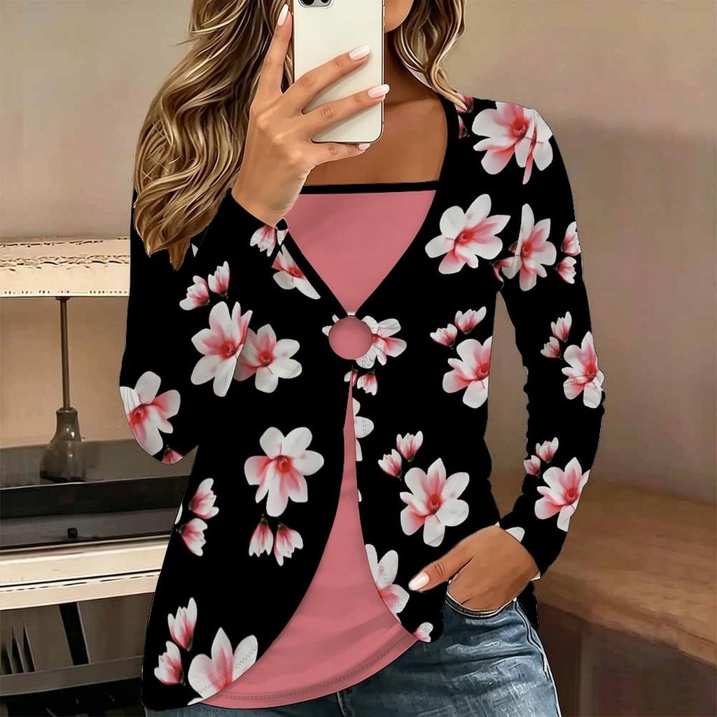 Tops for Women  Floral Print Long Sleeve Fake Two‑Piece Top Fall Casual Slim Pullover Women's Long Sleeve Top