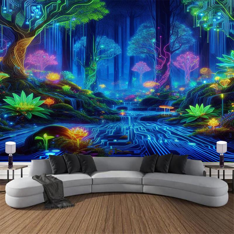 Cyber Forest Wall Tapestry Neon Nature Art Digital Circuit Design Sci Fi Landscape Boho Decor For Living Room And Study