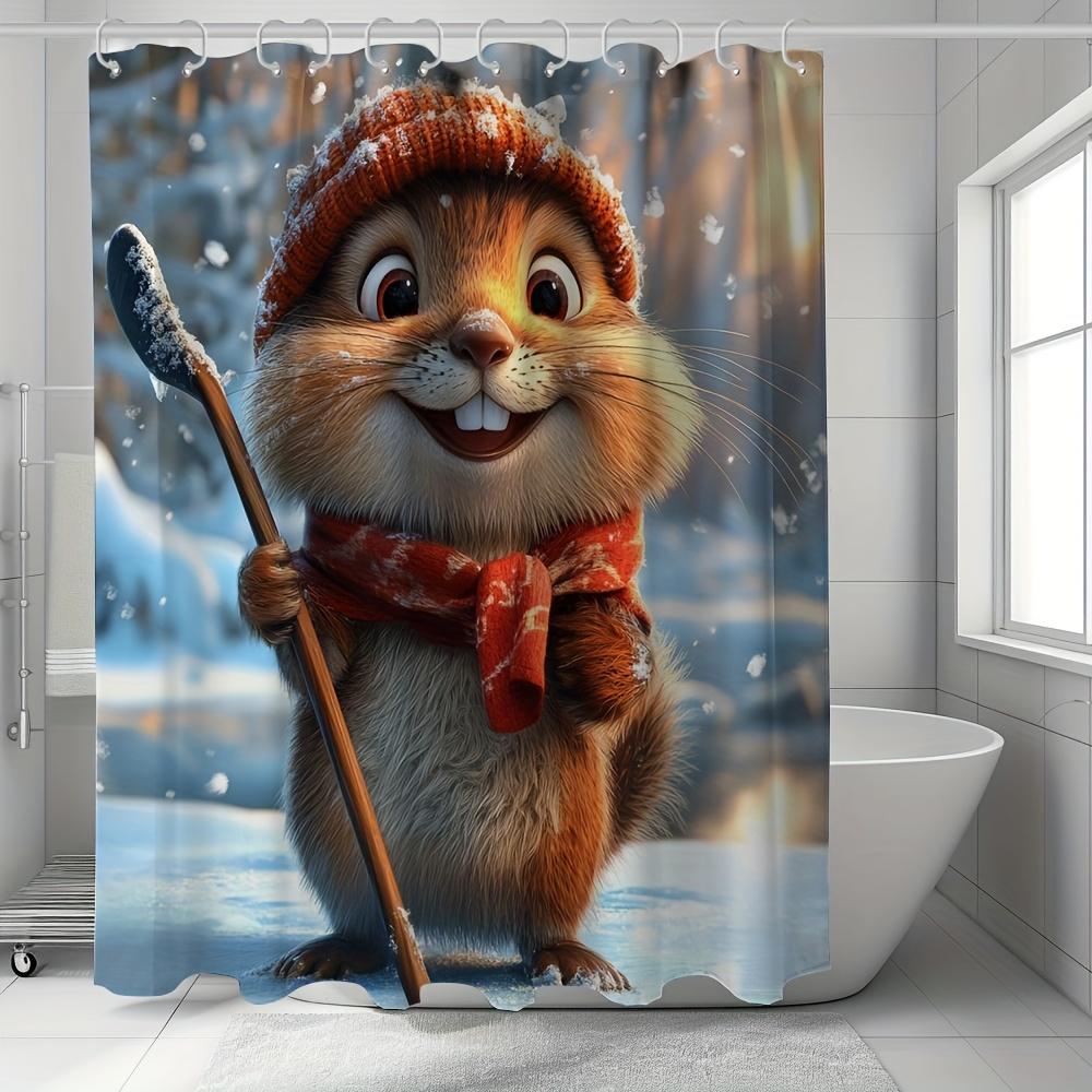 

Adorable Winter Squirrel Shower Curtain - Cute Cartoon Design, Waterproof Fabric For Bathroom Decor, Perfect Gift For Kids And W60H190(CM)-1 Pcs