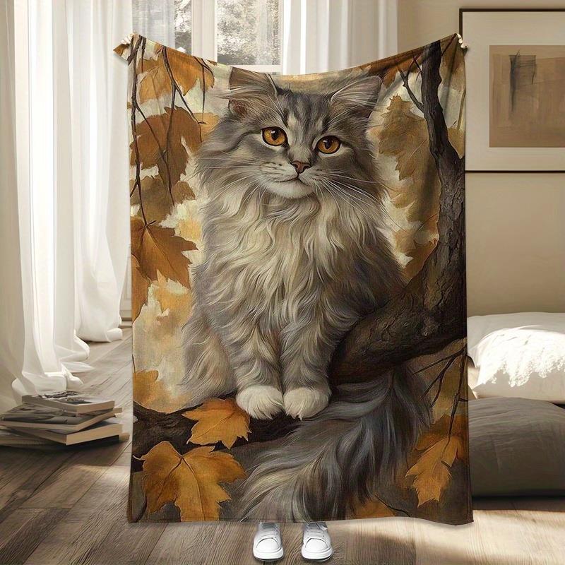 

Autumn leaves and cat pattern Flannel printed blanket suitable for all seasons suitable for living room office sofa and travel 75x100cm