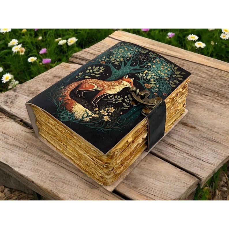 400 Pages - Grimoire Fox Leather Journal Blank Spell Book of Shadows Fat Journal - Handmade Paper Vintage Journal for Women