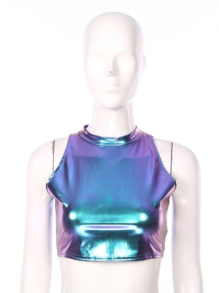 Womens Metallic Shiny Crop Tops Mock Neck Sleeveless Vest Stylish Slim Fitted Tank Top for Dance Nightclub Carnivals