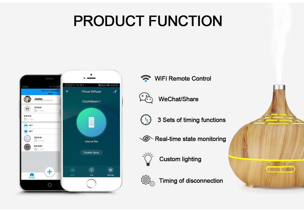 Smart WiFi Hotel Aroma Diffuser with Wood Grain Design: Hollow Translucent Humidifier and Home Atomizer