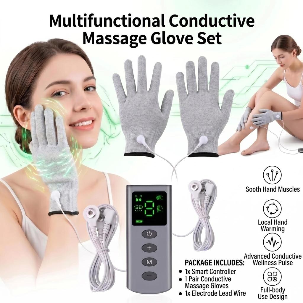 TENS EMS Massage Gloves 4 Mode 9 Level Hand Muscle Relaxation Device Beauty Spa Wellness Tool USB Rechargeable Silver Fiber