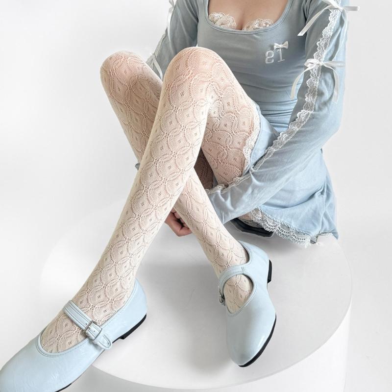 Womens Nylon Sheer Pantyhose Lace Detailing Slimming Pantyhose Solid Color Hollowout Geometric Pattern Stockings Hosiery