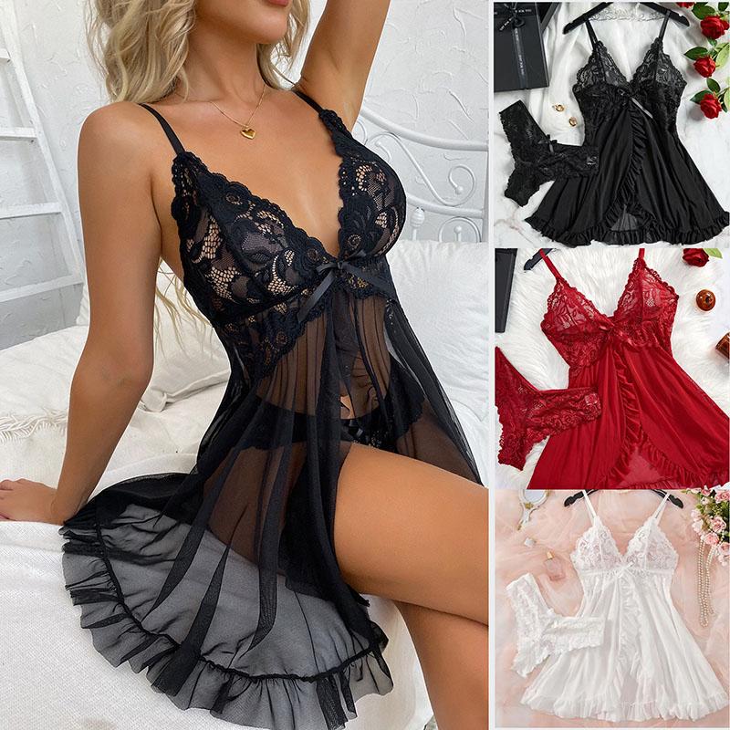 Damen Sexy Dessous Nachtwäsche Durchsichtig Verführerisches Spitzen-Camisole 2-teiliges Set Nachthemd Pyjama Nachthemd