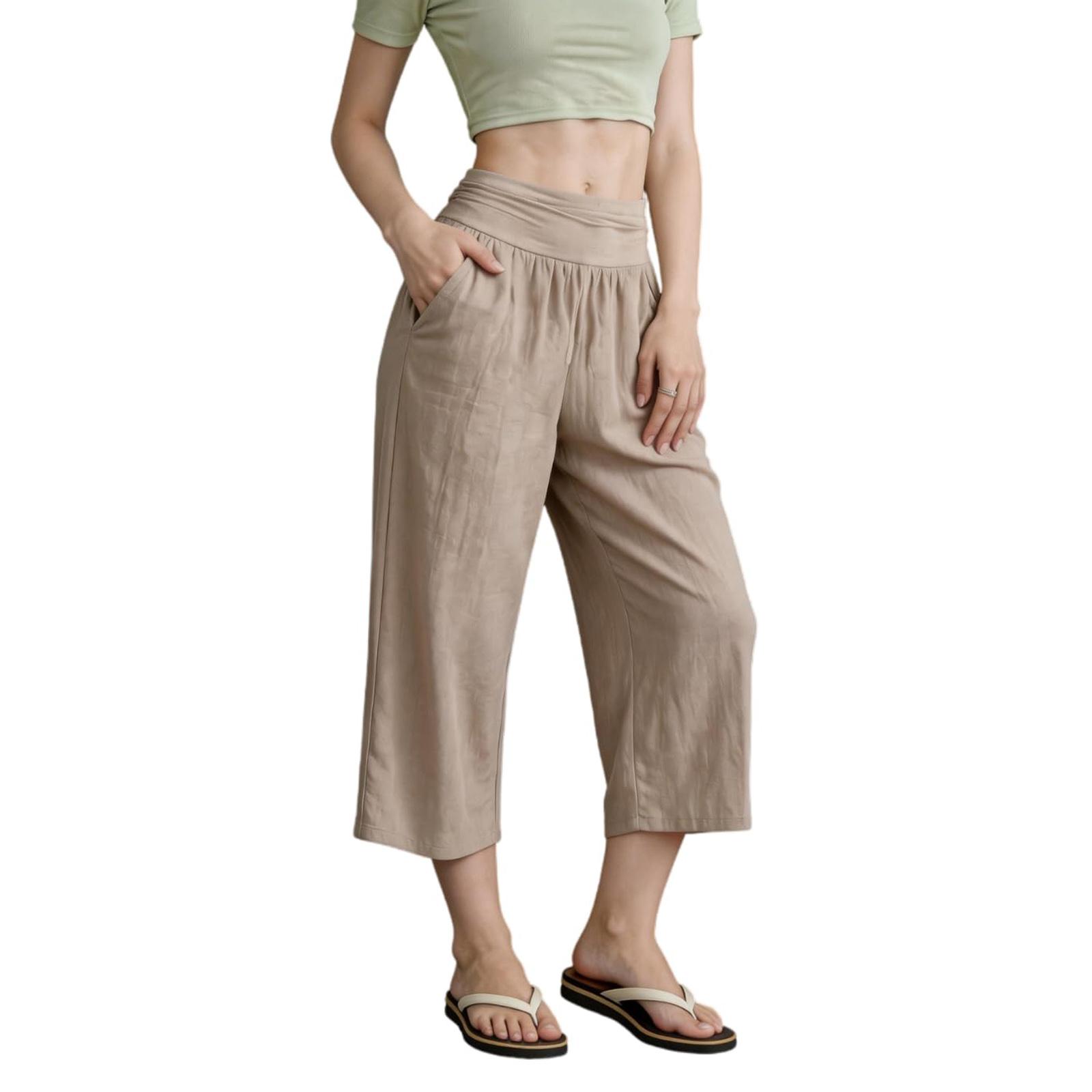 Women s Cuffed Flared Linen High-Waisted Flowy Casual Wide-Leg Pants L