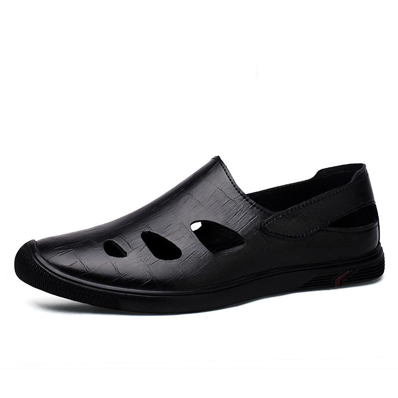 Men s Slip-On Breathable Cowhide Sandals - Summer Casual Low-Top Hole Shoes 45 чёрный