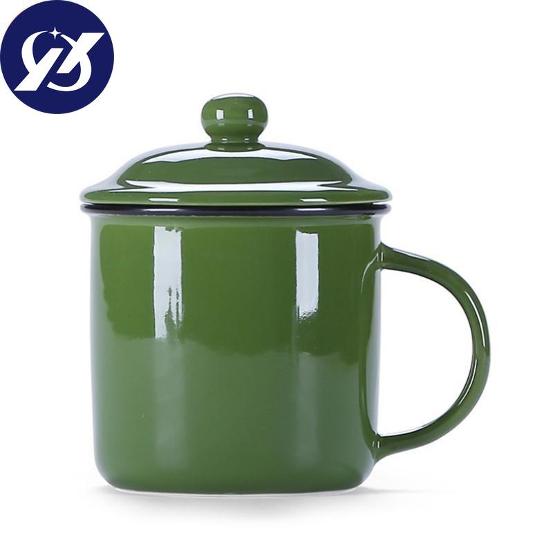 400ml Vintage Enamel Coffee Mug with Lid Ceramic Milk Mug Pigmented Tea Cup Office Water Cup Drinkware