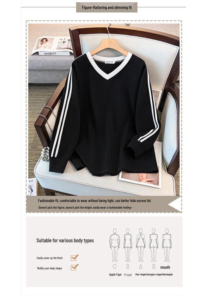 Plus Size Women's V-Neck Sweatshirt: Loose Fit, Slimming, Bust 150-160 Cm, Fits 200-350 Jin