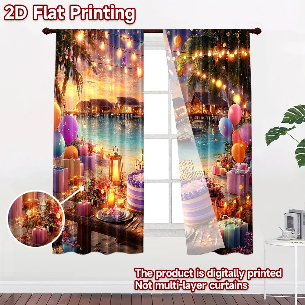 2D flat printing 2pcs Window Treatment Curtains Beach Birthday Party Sunset Digital Printed Polyester Drapes Party Decorations