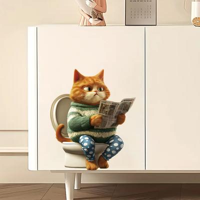 Lustige Cartoon-Mollige Katze liest Zeitung auf der Toilette Aufkleber, Selbstklebende Badezimmer-Wanddekoration für Toilettendekoration