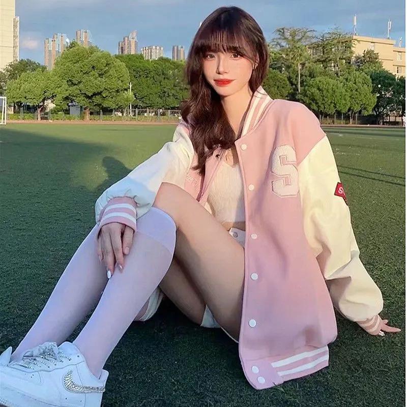 Women's Retro College-Style Pink Velvet Baseball Jacket - All-Match Thickened Cardigan Coat for Spring and Autumn