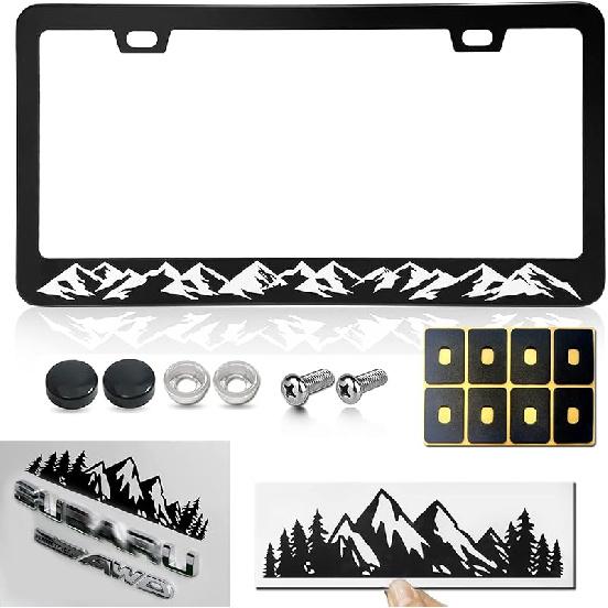 BGGTMO Mounta License Plate Frame- Black Aluminum Car Tag Cover Holder With Stainless Steel Screws Caps, Snow Mountain Tree Decal Sticker, 1 Pack 2
