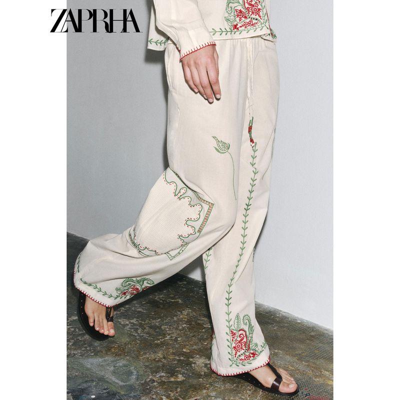 Zaprha 2025 Summer New Simple and Versatile Fashion Contrast Color Embroidered Mid Waist Casual Trousers 5107064