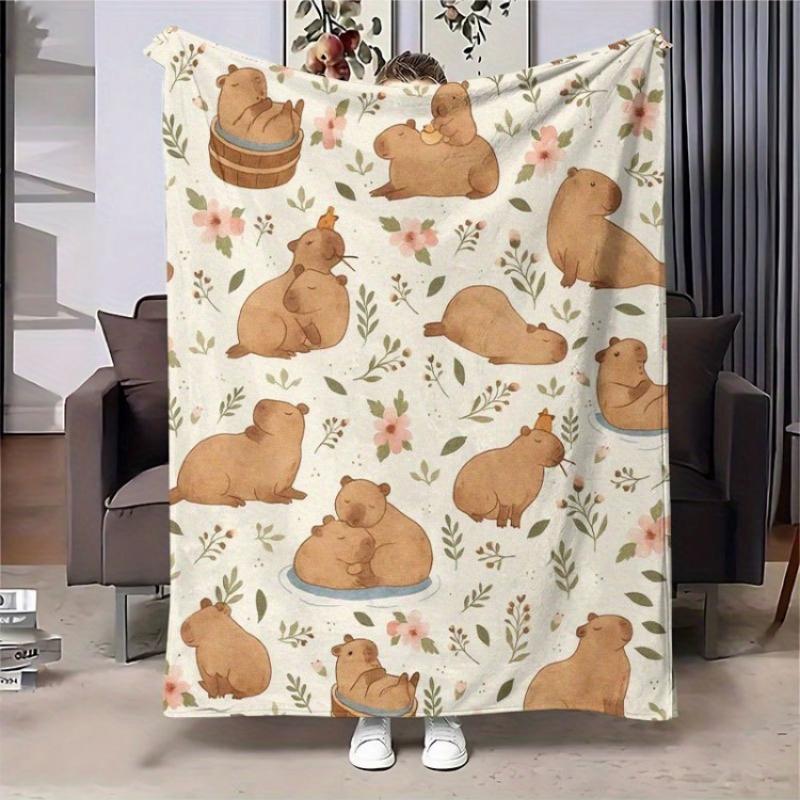 Cute Watercolor Capybara Floral Flannel Blanket Kawaii Flower Leaf Print Soft Throw for Sofa Bedroom Travel Home Warm Decor