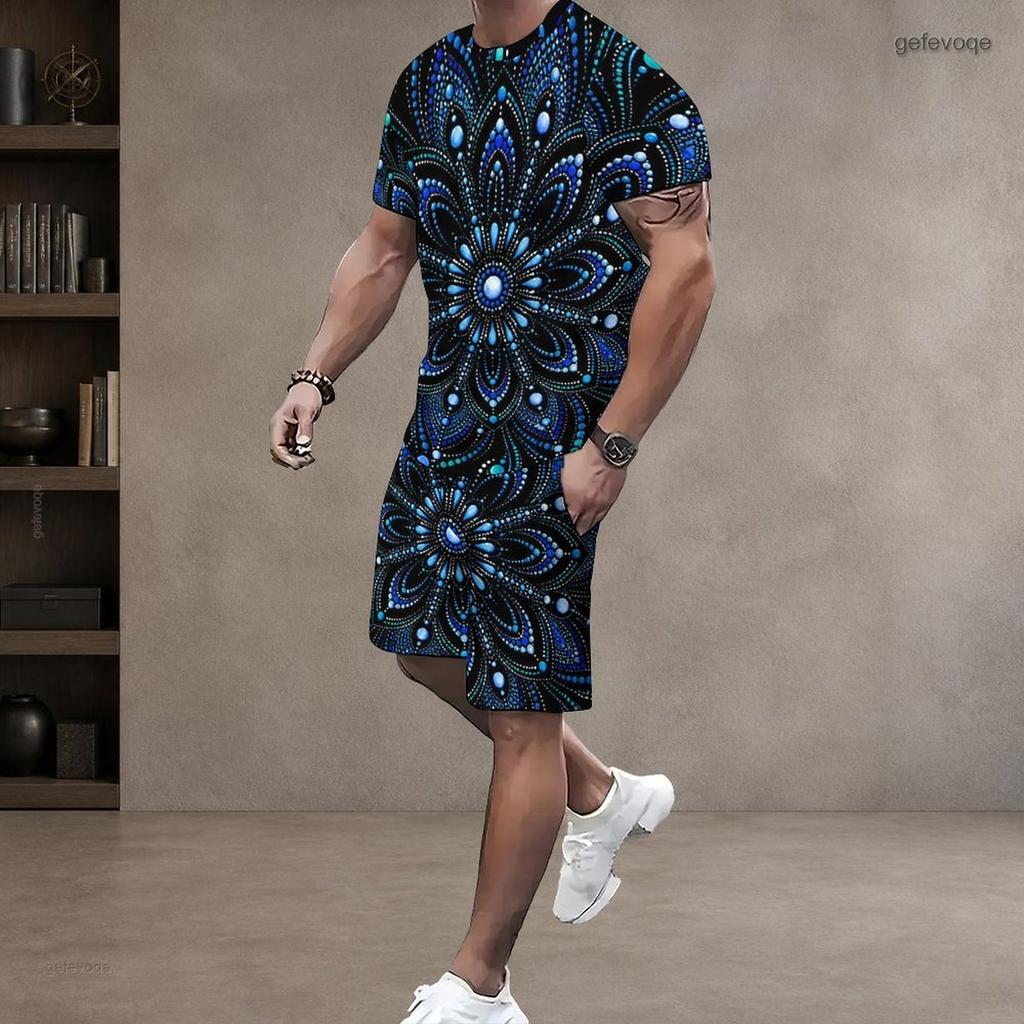 Men s Plus Size Printed Round Neck Short Sleeve Top And Shorts Two Piece Set