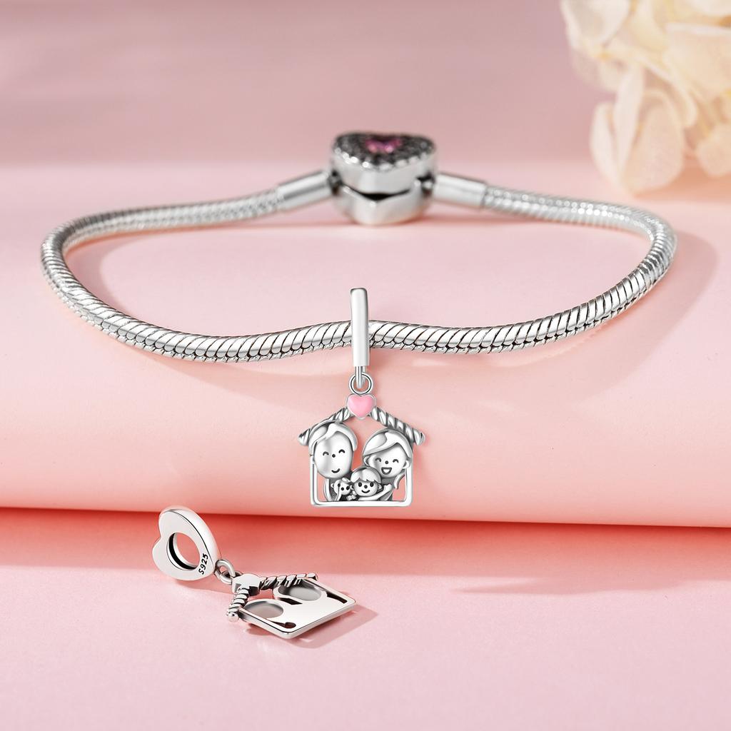 Authentic Original Copper Metal Charm Bead Components Luxury Pink Family Affection Pendant Bead Component Bead Components Compatible With Bracelet