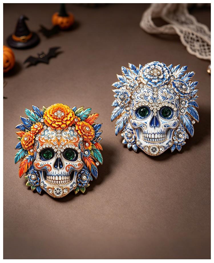 Fully Environmentally Friendly Alloy Day of The Dead Diamond Skull Brooch Mexican Style Painted Brooch Halloween