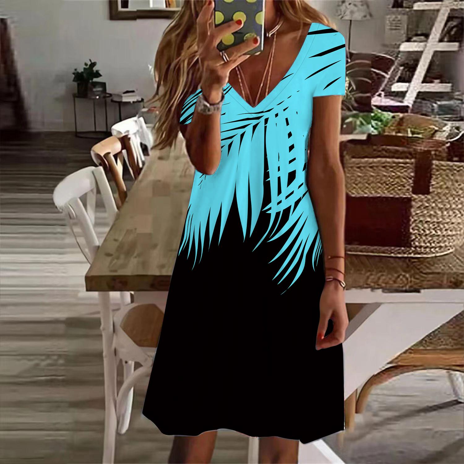 

Летняя мода женское платье с V-образным вырезом и коротким рукавом, синее платье с принтом листьев бамбука, сексуальное платье 8XL светло-синий