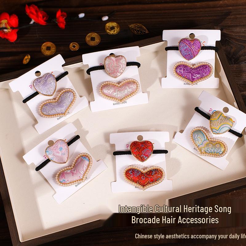 Chinese Song Brocade Hair Clip and Tie Set - Intangible Cultural Heritage Gift for Mother's Day or Salons