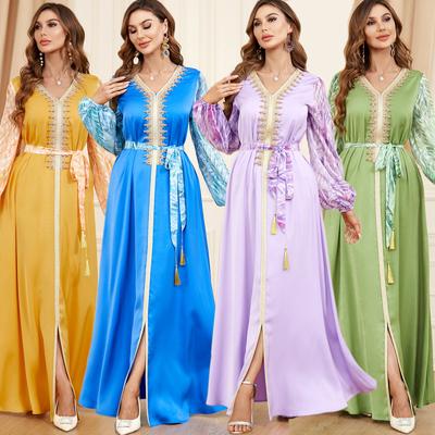 Roupas femininas de luxo muçulmanas Patchwork Mangas bolha Manga comprida Vestido feminino árabe