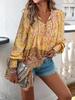Spring/Summer 2025 Bohemian V-Neck Tie Long Sleeve Print Top for Women.