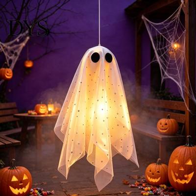 Easy Install Holiday Atmosphere Decor Halloween Hanging Ghost Decoration, Small Spooky Mesh Fabric Ornament Soft Warm Light Ornaments for Tree, Front