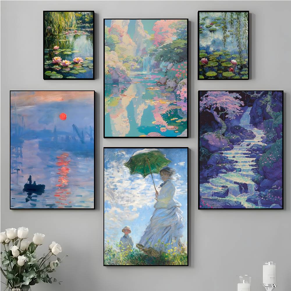 C-Claude Monet Poster Self-adhesive Art Waterproof Paper Sticker Coffee House Bar Room Wall Decor