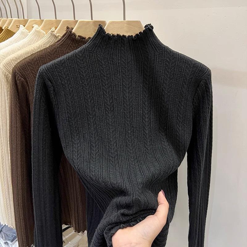 Women's Autumn Winter White Pullover Base Layer Sweater with Ruffled Trim - Half-High Neck Knit Inner Wear Top for Spring and Autumn