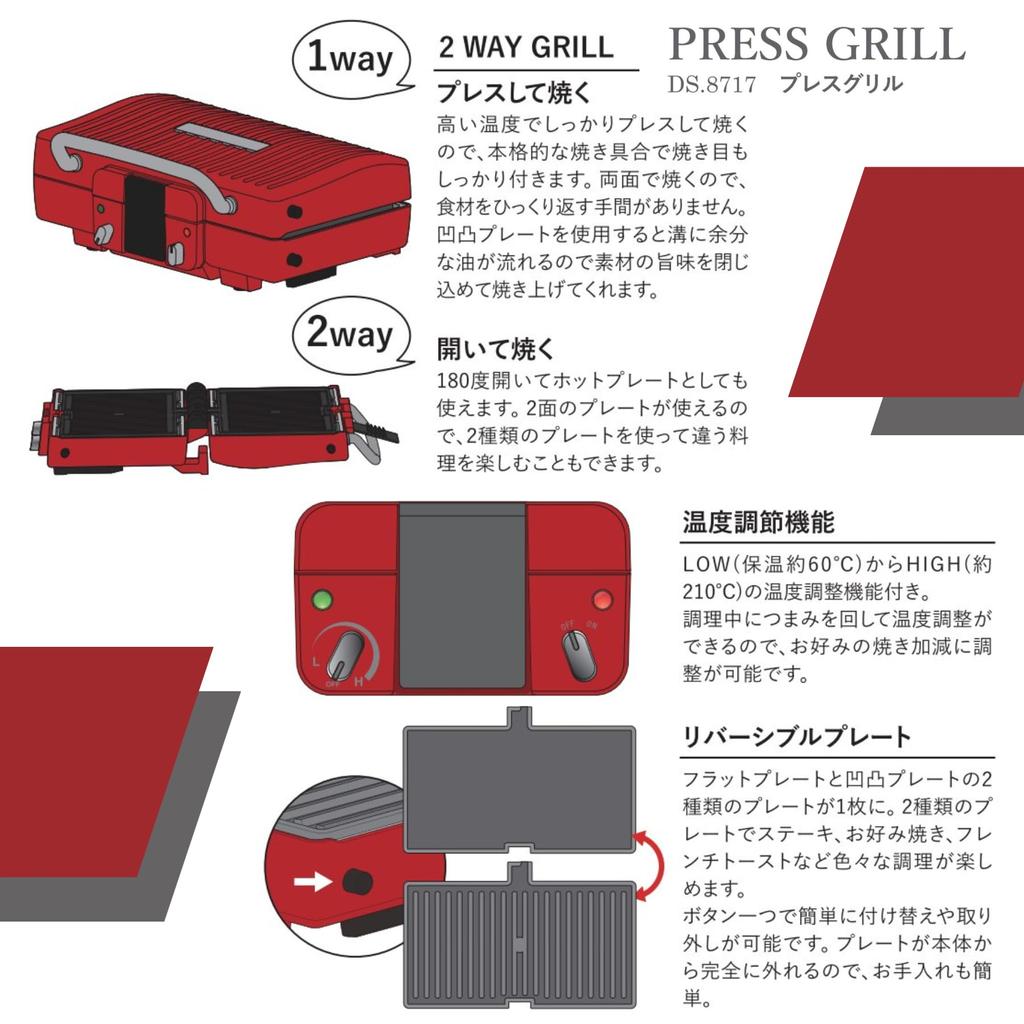 D&S Press Grill, a Sandwich Grilling Hot Plate with a Flat, Corrugated, and Reversible Plates, Press Maker Multi-Grill Burrito DS.8717