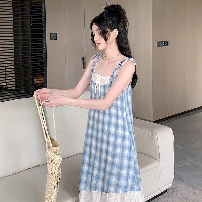 Lace Splicing Plaid Suspender Skirt Dress Women's Summer New Fresh Loose and Thin Fake Two-piece Skirt
