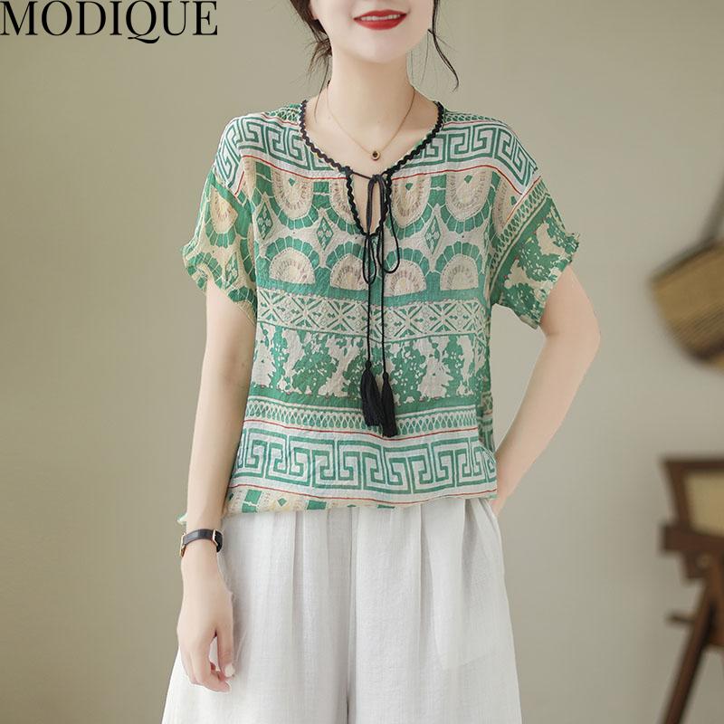 MODIQUE Women Short Sleeve T-shirt Summer Plus Size Loose Casual Elegant Cotton Linen Print Blouse Shirts Lady Basics V-Neck