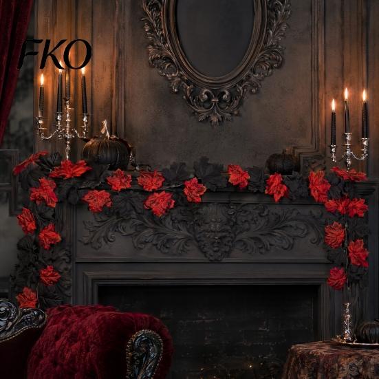 High-density Fabric Leaves Artificial Maple Leaf Garland, Autumn Faux Vine, Black & Red Fall Garland Hanging Vine for Fireplace Front Door
