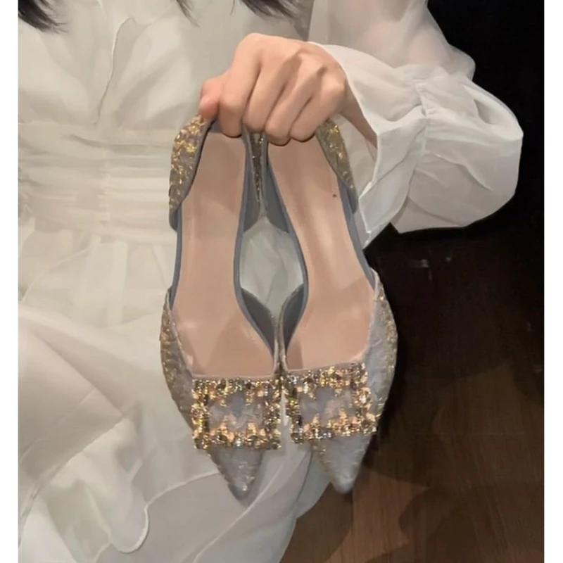 New Summer Crystal Buckle High Heels Women's Folded Pink Silk High Heels Water Diamond Wedding Shoes