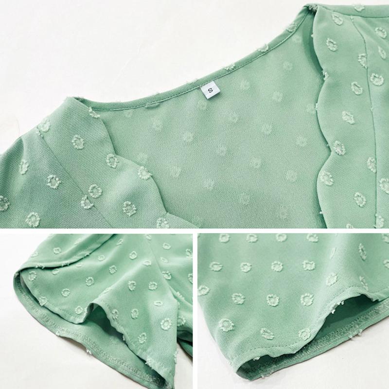 Ladies Summer Ruffles Short Sleeve V Neck Solid Color Jacquard Pullover T Shirt Top