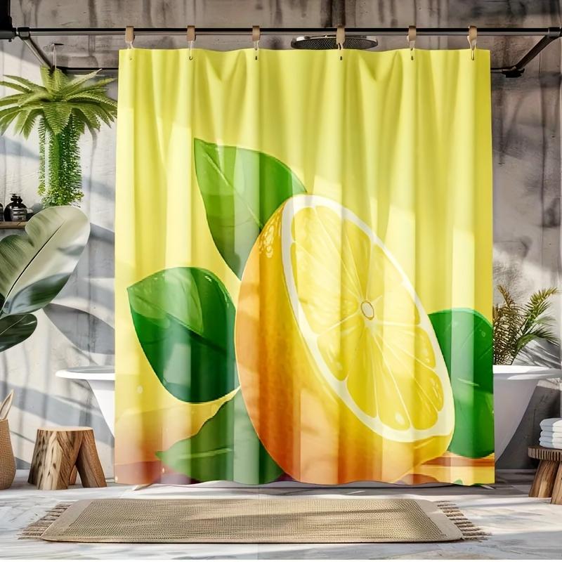 1pc Lemon & Orange Design Shower Curtain - Bright Yellow with Green Leaves, Machine Washable Polyester, Multiple Sizes Available