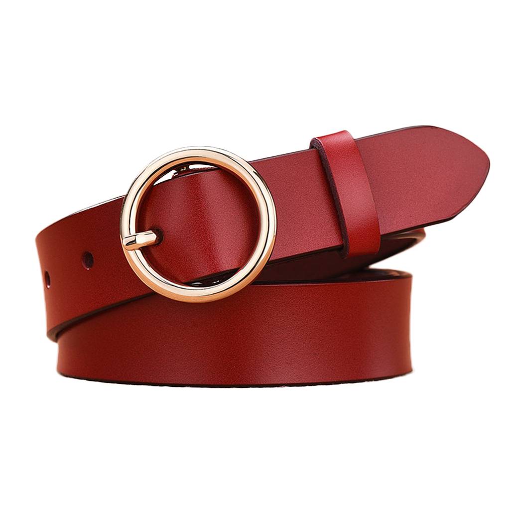 Female Gold Round Metal Circle Buckle Belt Women Jeans Pants PU Leather Pure Color Waist Belts