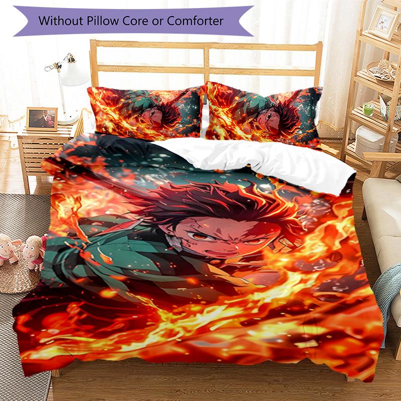 3pcs Demon Slayer Tanjiro Kamado Pattern Bedding Set Duvet Cover Set Includes Duvet Cover &pillowcases, Perfect All Season Bedroom Decoration & Gift
