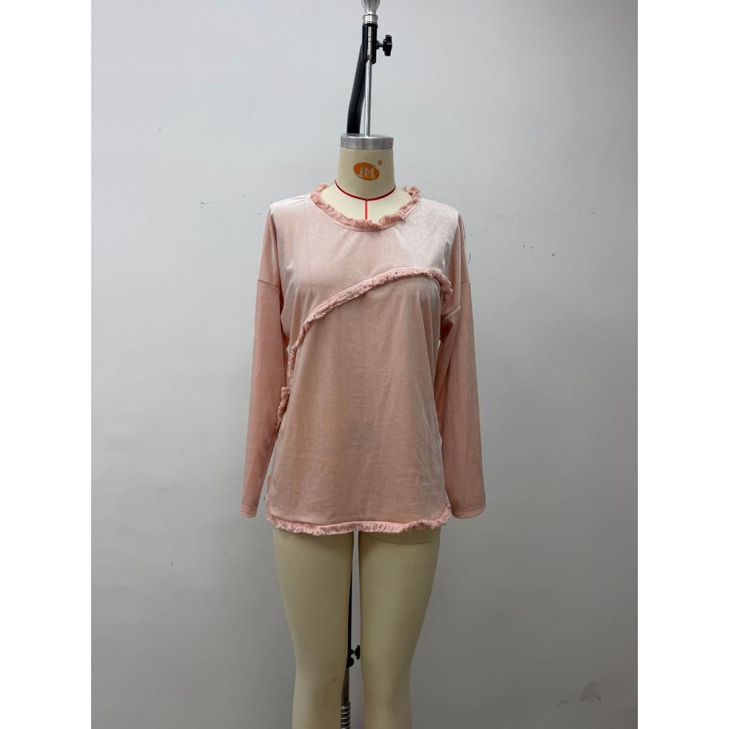Women's European & American Style Velvet Patchwork Tassel Crew Neck Long Sleeve Top