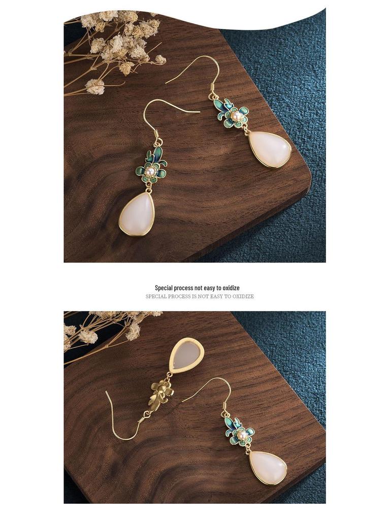 Guochao Cloisonné Enamel & Hetian Jade Gold-Plated Retro Earrings