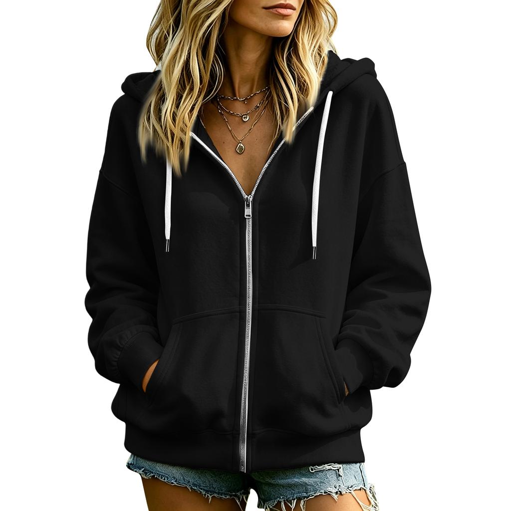 Felpa da donna con cappuccio e tasca, a manica lunga, colore, pullover casual