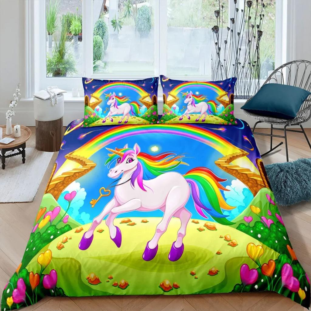 3D Colorful Unicorn Duvet Cover with Pillow Cover Bedding Set Single Double Twin Full Queen King Size Bed Set for Bedroom Decor