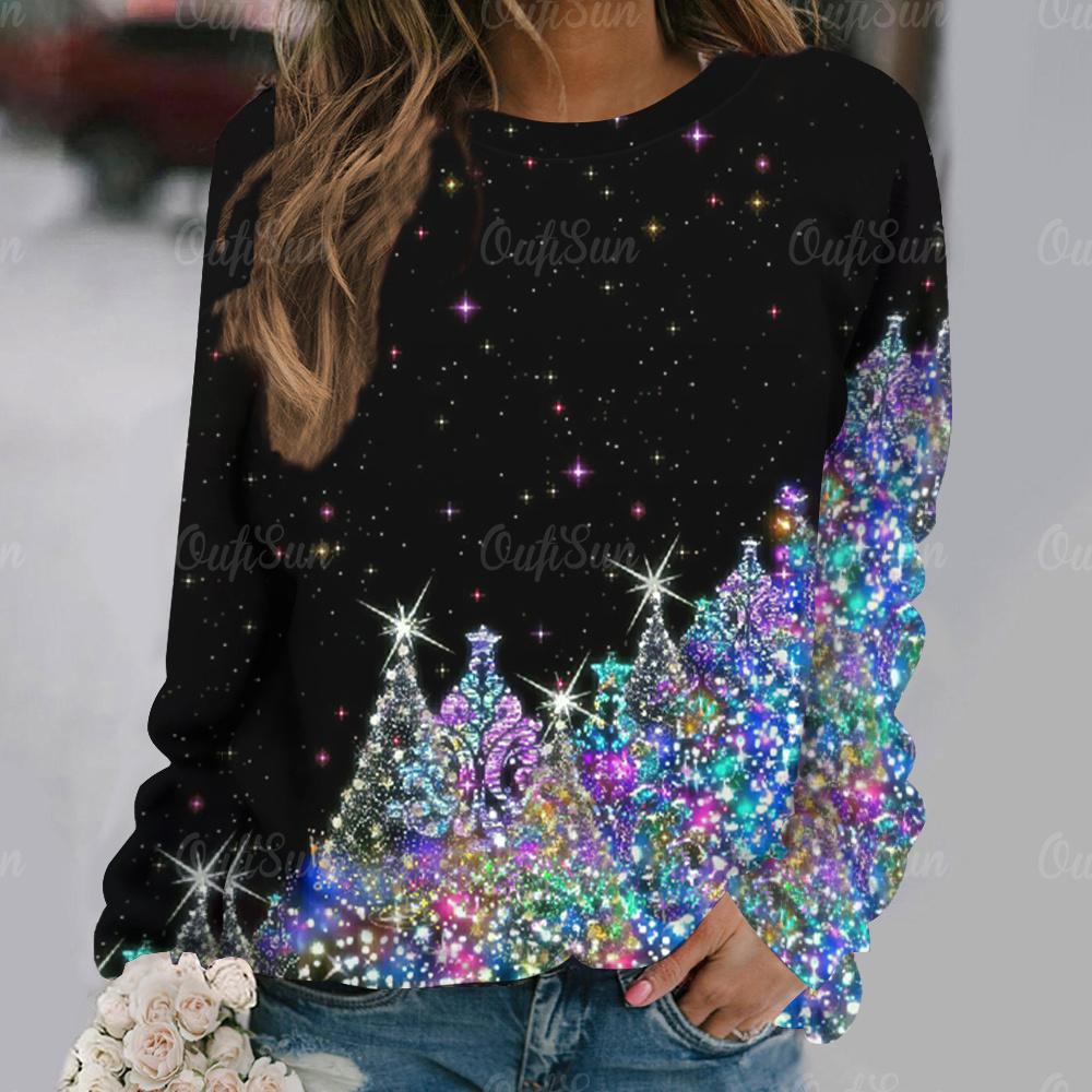 Christmas Tree Printed Women's T-Shirt Holiday Clothing For Ladies Autumn O-neck Loose Long Sleeve Tops Female Harajuku Pullover