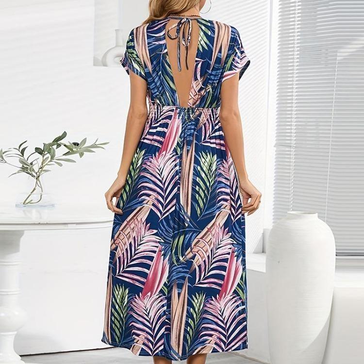 Bohemian Summer Dress V Neck Printed Short Sleeve Beach Holiday Women One Piece