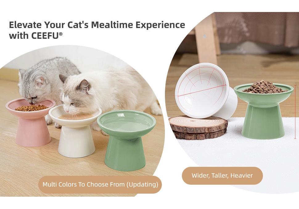 High-Legged Ceramic Cat Bowl for Neck Protection and Anti-Black Chin