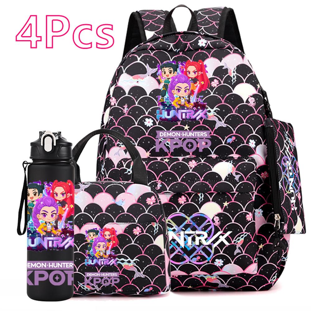 4Pcs/set Anime Cartoon Printed Backpack with Handbag Pencil Case 750Ml Water Bottler for Teenager Boy Girl Large Capacity Bookbag Schoolbag Mochila